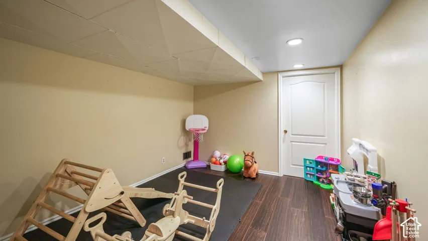 Finished lower-level room featuring wood-finish flooring, recessed lighting, and a neutral wall color