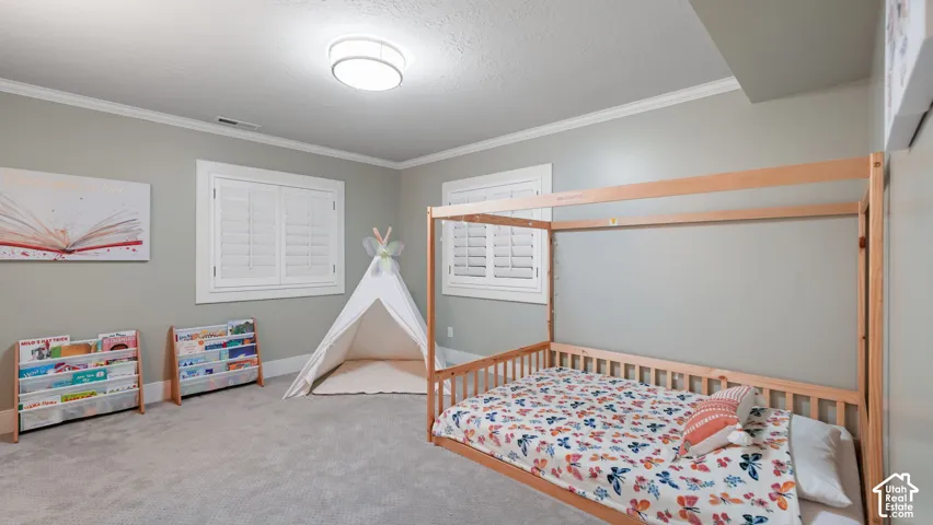 Carpeted room featuring two windows with white plantation shutters, crown molding, and a flush-mount ceiling light