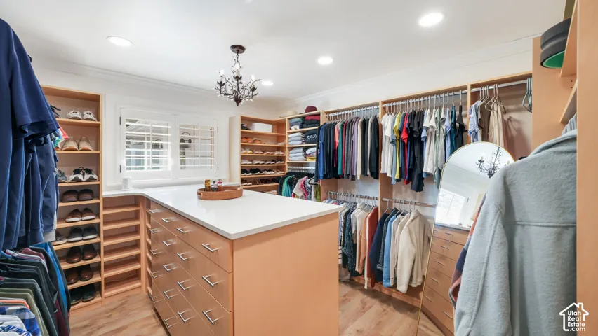 Spacious custom closet featuring extensive built-in shelving, ample hanging storage, a central island with drawers and a light-toned countertop, and wood-finish flooring