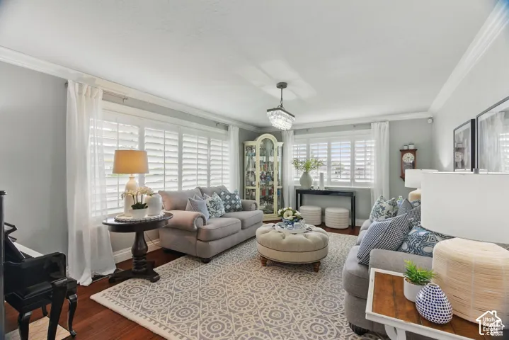 Living room featuring hardwood flooring, crown molding, plantation shutters, and a crystal chandelier