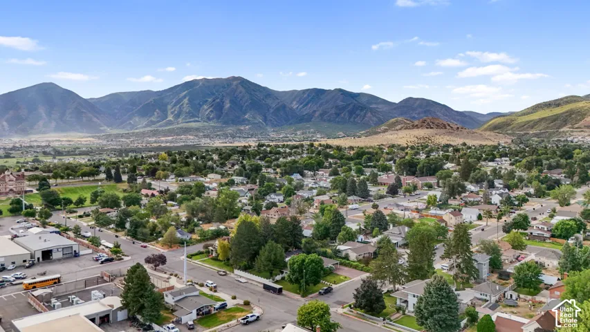 Expansive mountain landscape frames a residential neighborhood with mature trees and a distant park
