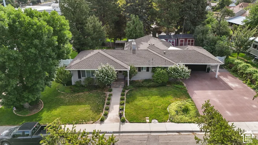 Ranch-style residence featuring a prominent front entrance, a paved driveway, an attached garage, mature landscaping, and a substantial front lawn