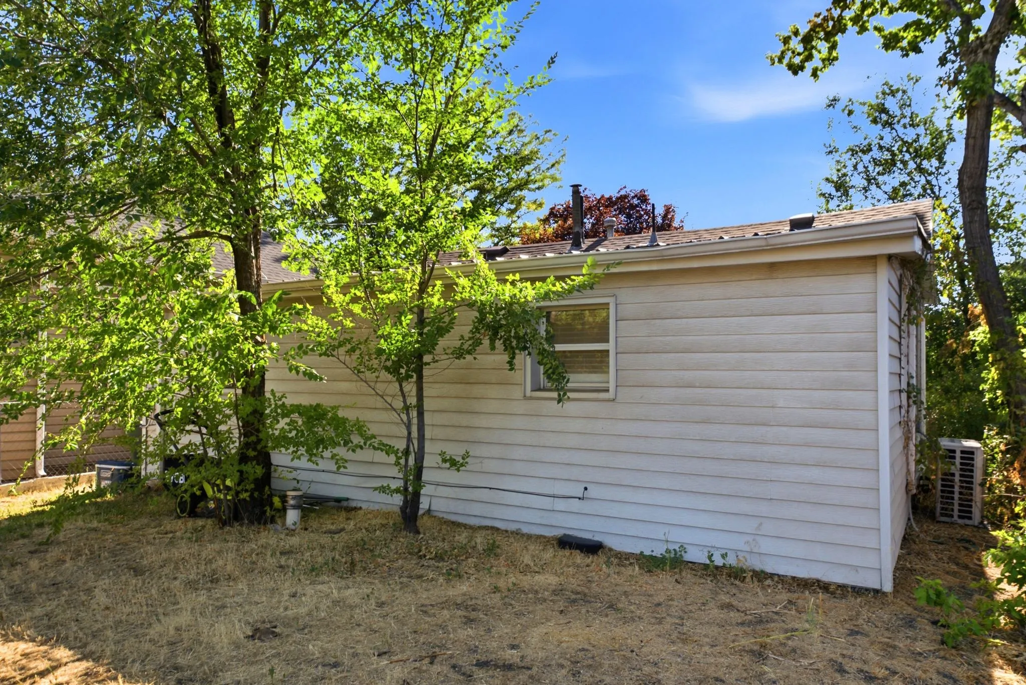 White horizontal siding exterior with a single window, surrounded by mature trees