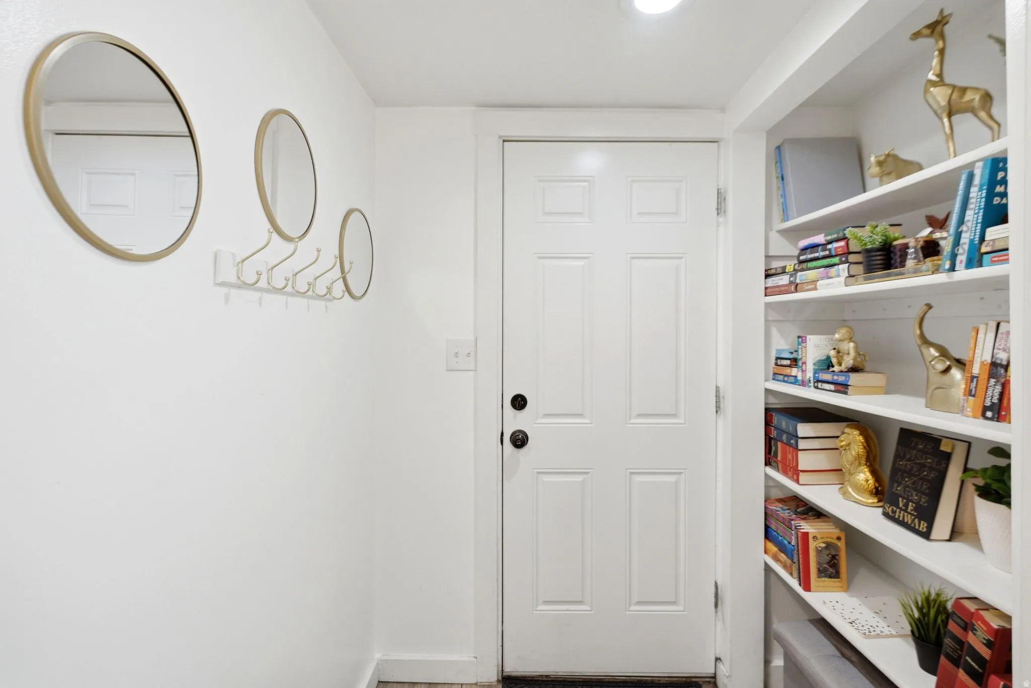 Crisp white walls with a paneled interior door, complemented by built-in shelving and recessed lighting