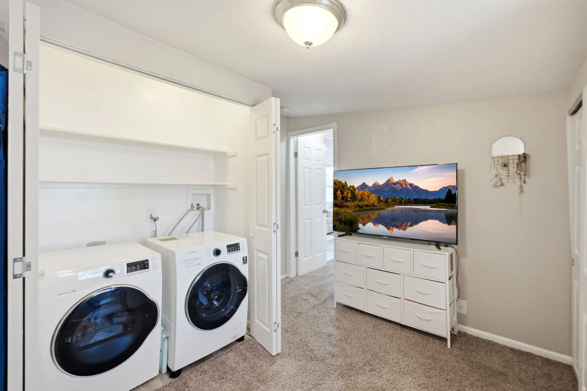 Dedicated laundry area featuring built-in shelving, a neutral color palette, and light-toned carpeting
