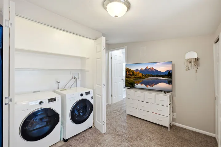 Dedicated laundry area featuring built-in shelving, a neutral color palette, and light-toned carpeting