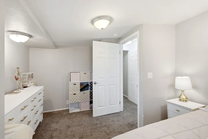 Carpeted room with light gray walls and white trim