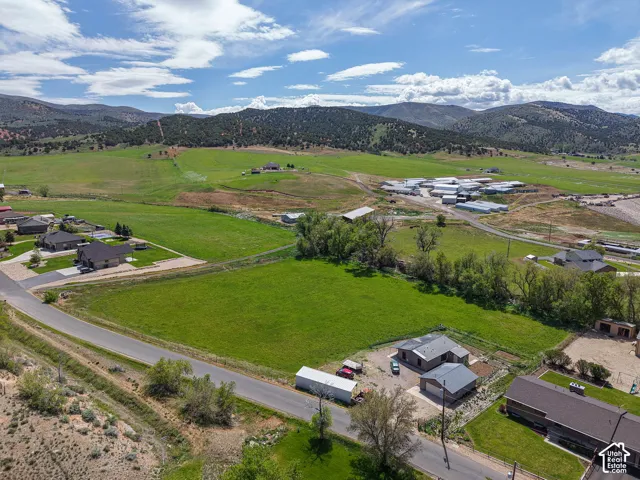 Aerial perspective showcasing a residential property with a detached garage, surrounded by expansive green fields and distant mountains