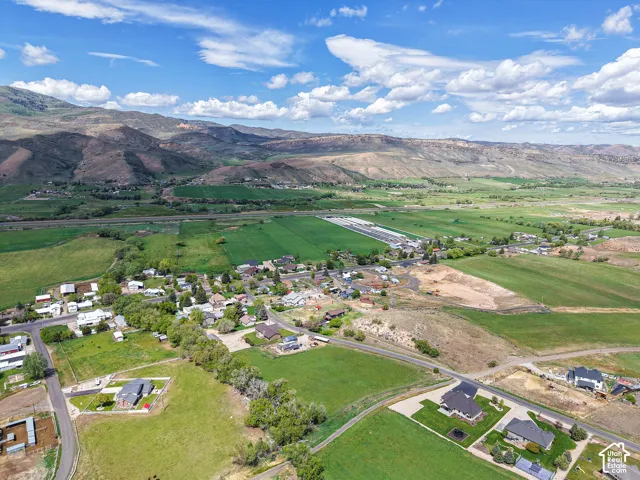 Expansive aerial overview showcasing a residential area amidst green fields and distant mountains
