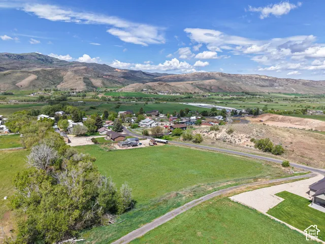 Expansive green field with surrounding residential structures and mature trees