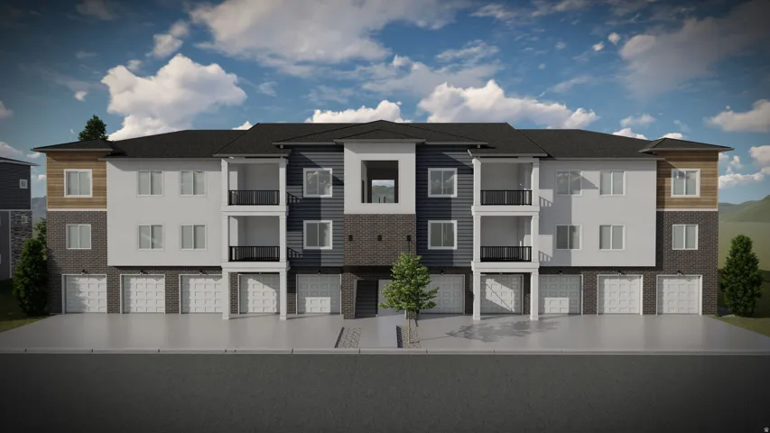 Multi-story building featuring a facade with gray brick, white stucco, and horizontal wood-finish siding