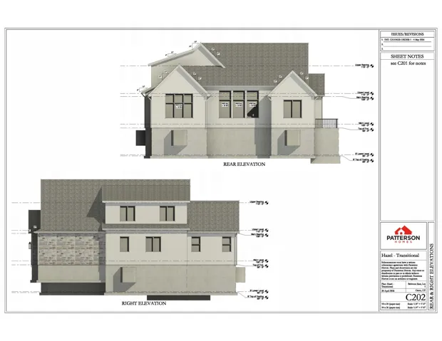 Architectural Drawing, Elevations. Presenting the rear and right elevations for the property