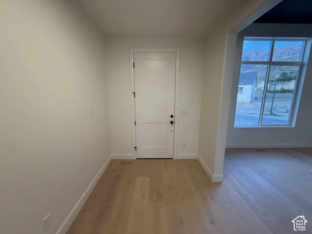 Entryway with wood-finish flooring, a white two-panel door, and a wide cased opening