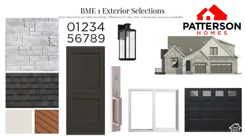 Exterior Selections Document. Illustrating material and fixture options for the property's exterior
