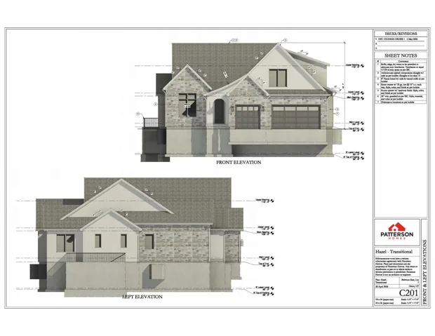 Architectural Blueprint. Presenting the front and left elevations of the property with accompanying sheet notes