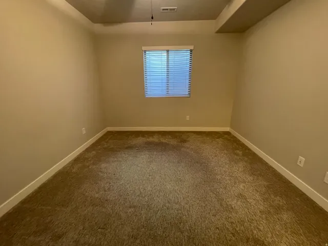 Recessed lighting, window with blinds, and neutral carpeting