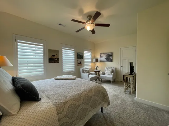 Two windows with plantation shutters, ceiling fan with integrated lighting, paneled interior door, and carpet flooring