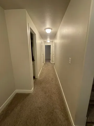 Carpeted hallway featuring multiple flush-mount ceiling lights and light-toned wall paint
