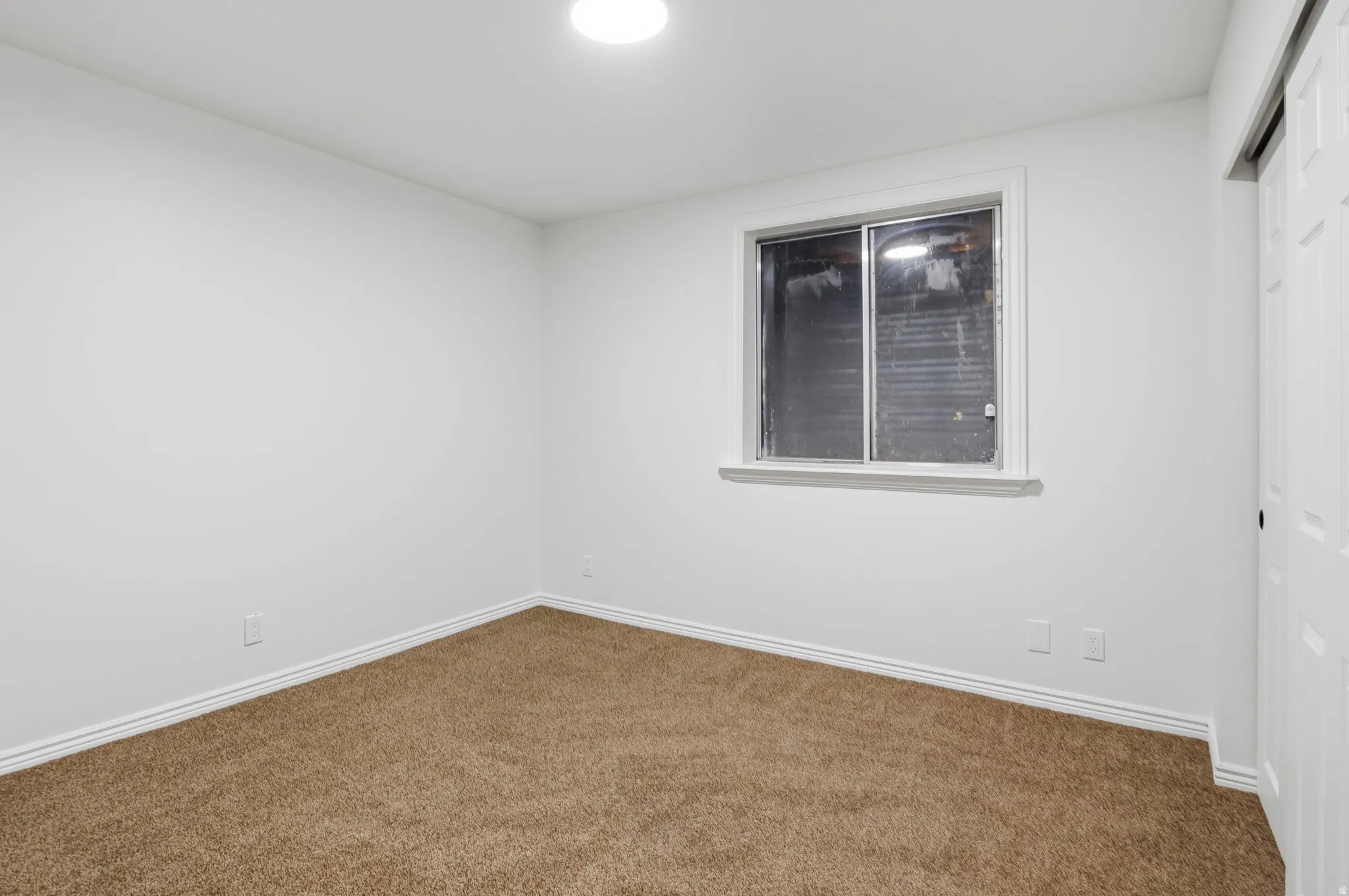 Neutral white walls with brown carpet flooring
