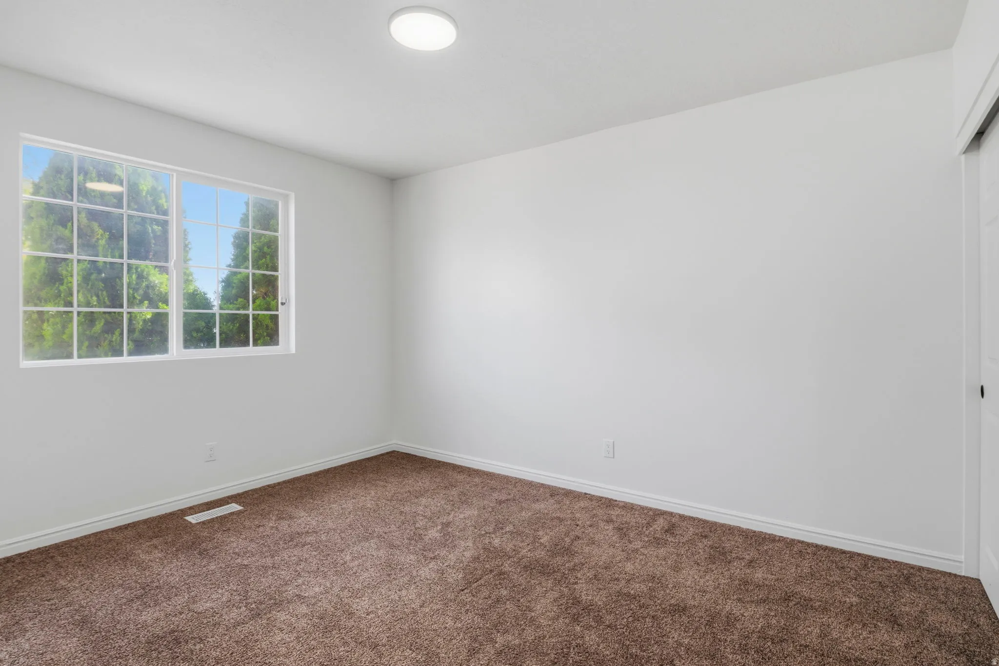 Neutral white walls with a complementary brown carpet