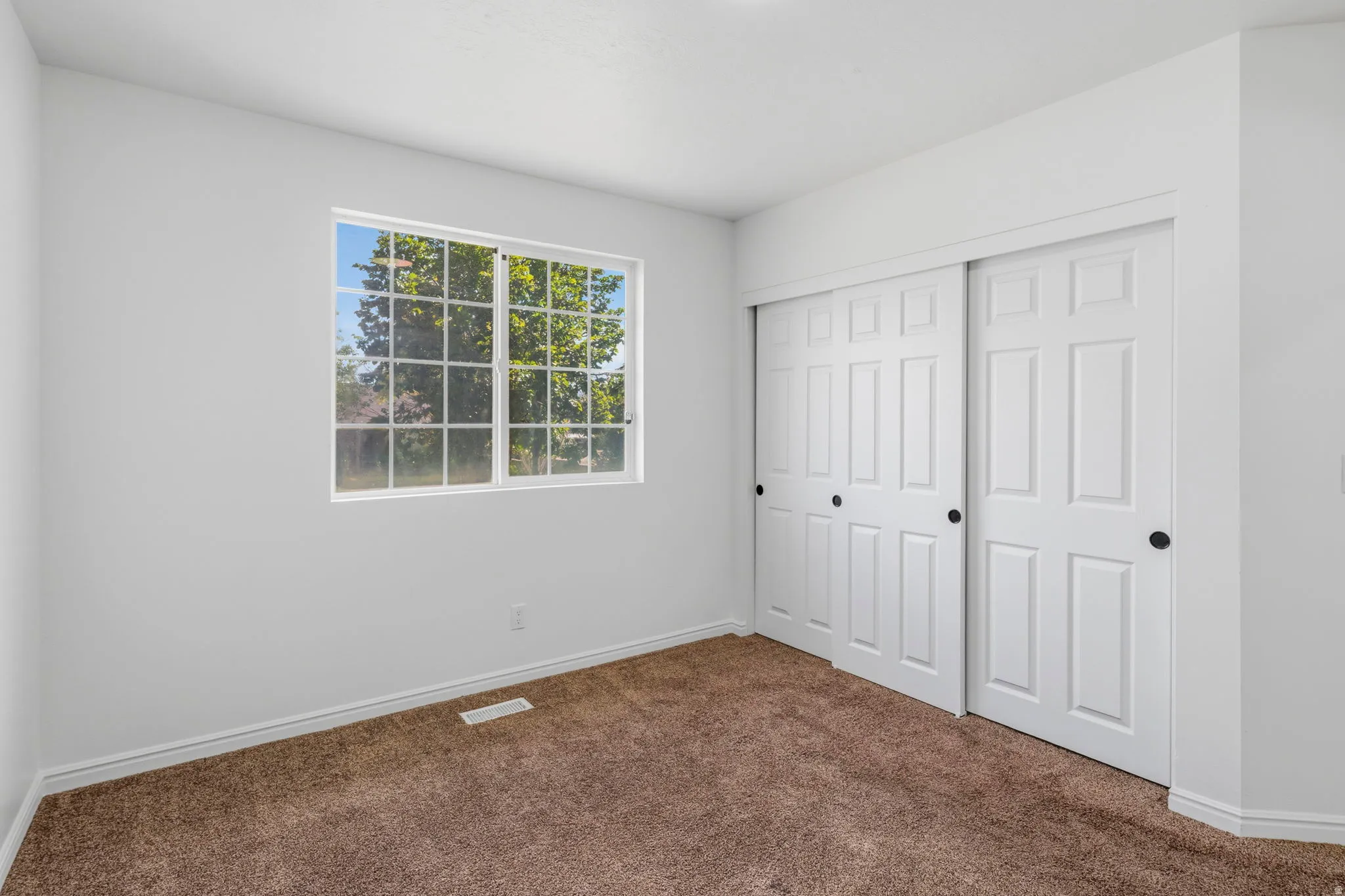 White-paneled sliding closet doors with black hardware, bright white walls, white baseboards, and brown carpet flooring