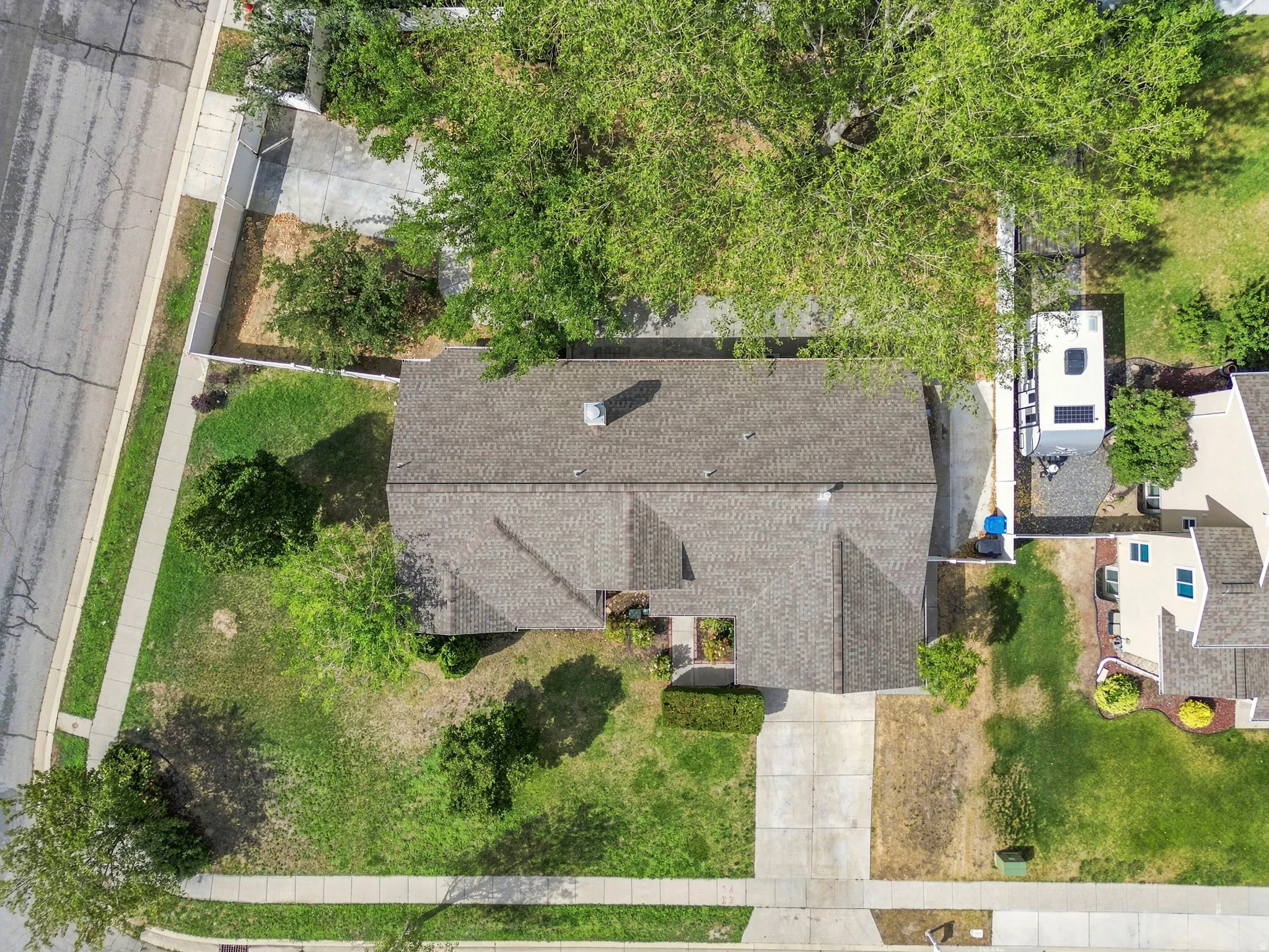 Property exterior featuring a gray shingle roof, concrete driveway, and established trees
