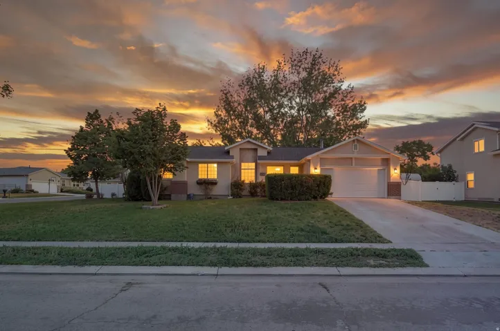 Single-story residence featuring a two-car garage, mature front yard trees, and a concrete driveway