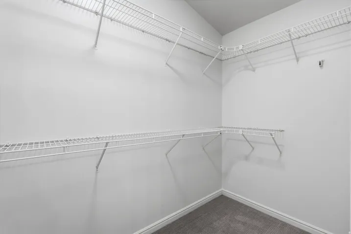 Built-in wire shelving system, light gray walls, and gray carpeted flooring