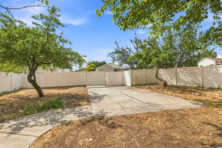 Paved concrete driveway with a double-gated entry, framed by mature trees and a perimeter fence