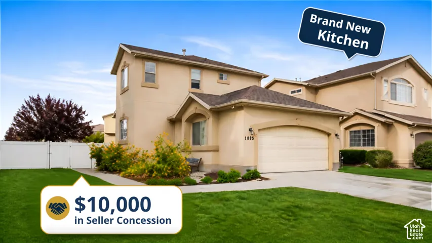Stunning two-story home featuring a newly renovated kitchen, freshly manicured lawn with mature landscaping, three-car garage with modern overhead door, stucco exterior with arched architectural details, and $10,000 seller concession toward closing costs