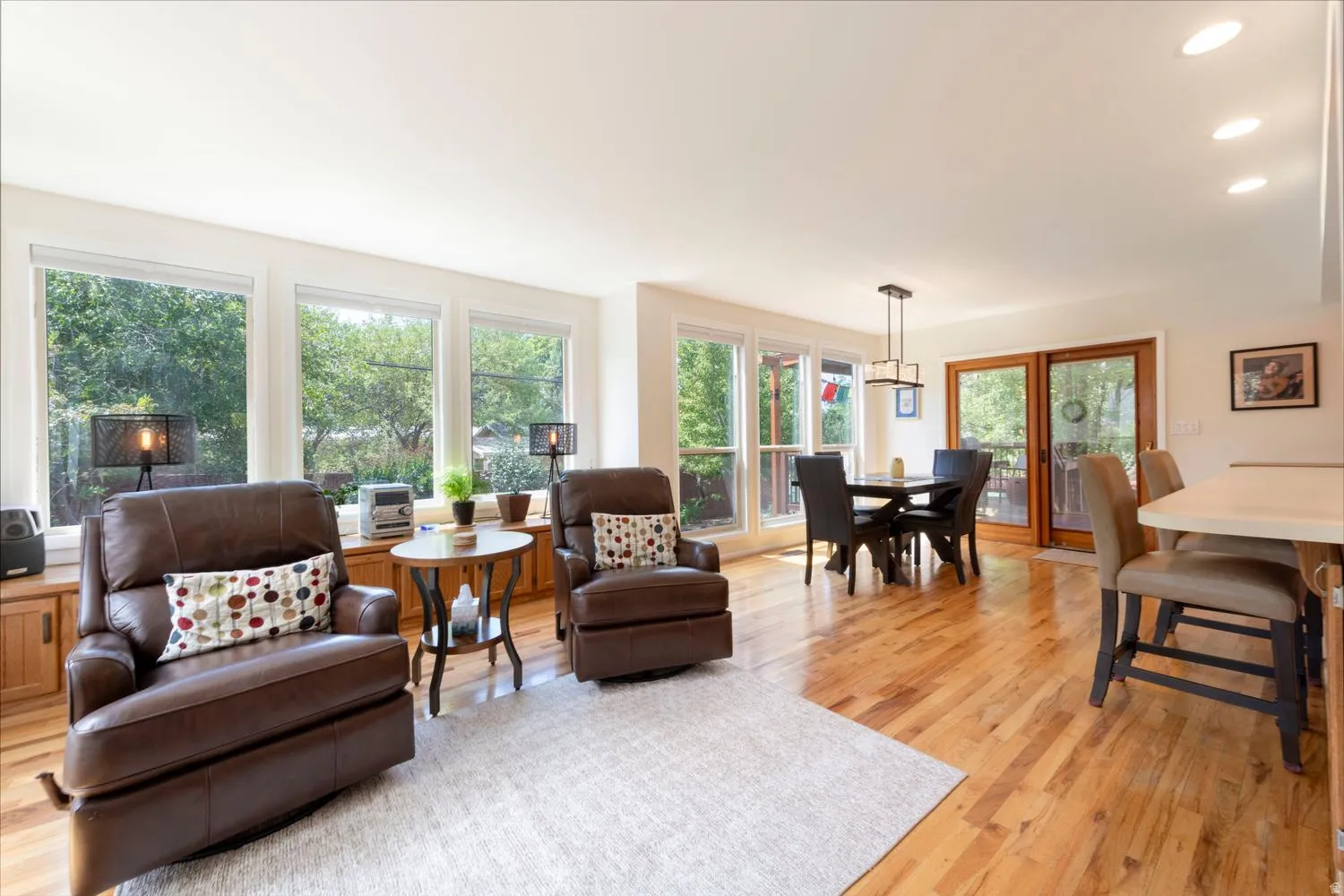 Main level family room, dining area and kitchen.