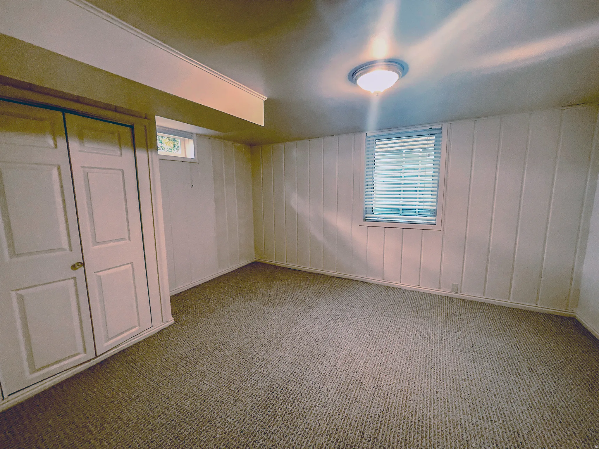 Carpeted room with white paneled walls and a ceiling-mounted light fixture