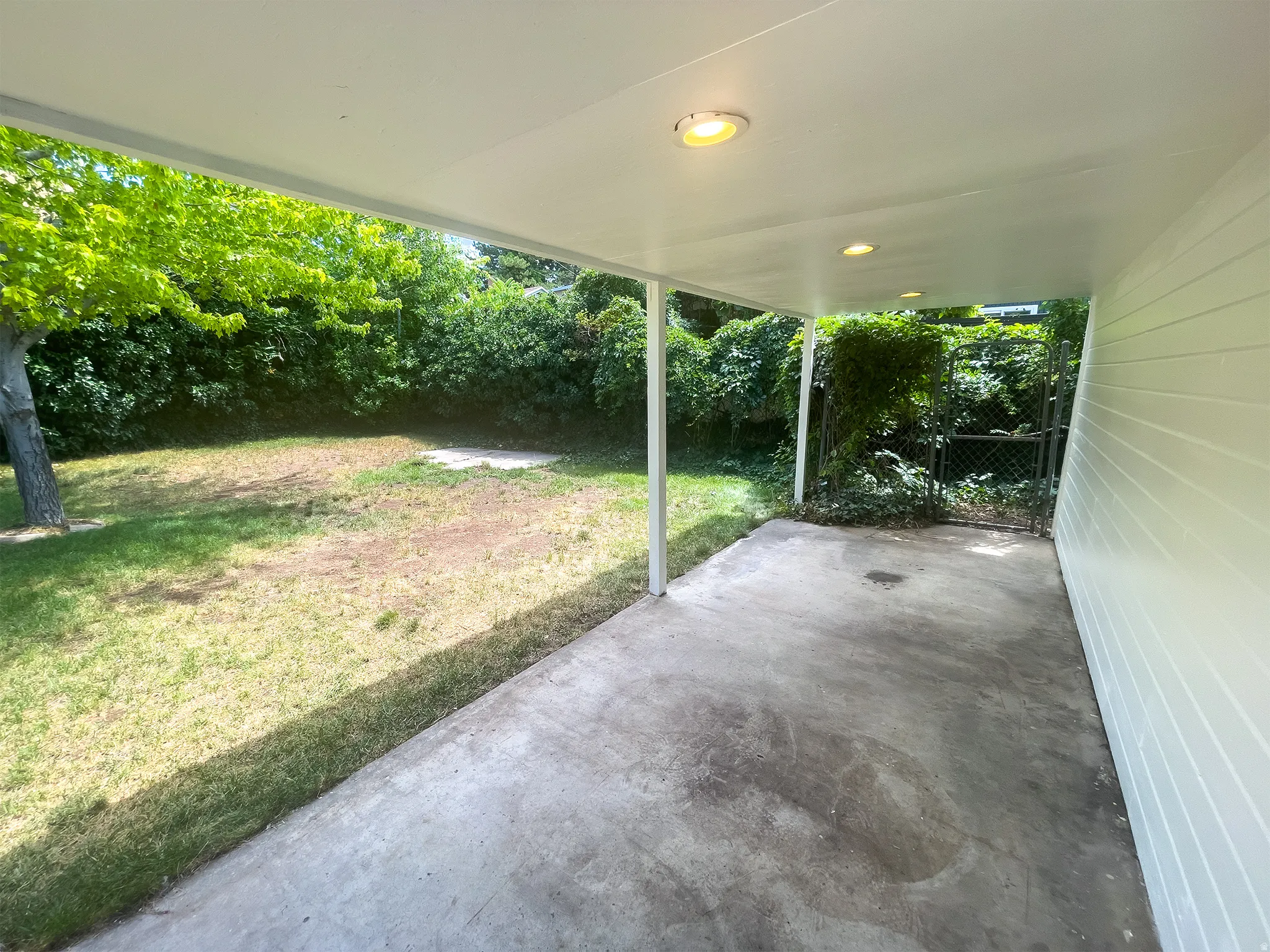 Covered patio with integrated ceiling lighting, concrete surface, and direct access to a grassy yard featuring mature trees and a chain-link gate