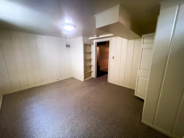 Carpeted room featuring white vertical paneling and built-in shelving