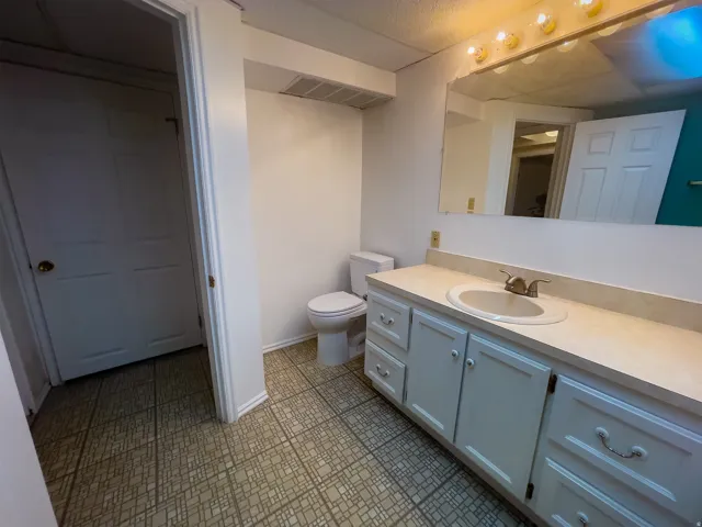 Bathroom vanity with integrated sink, brushed nickel faucet, and a large wall-mounted mirror