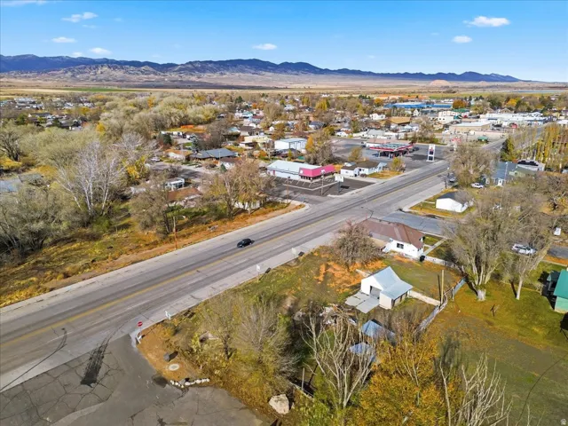 Aerial perspective showcasing a community with diverse architectural styles, an arterial road, and mature trees