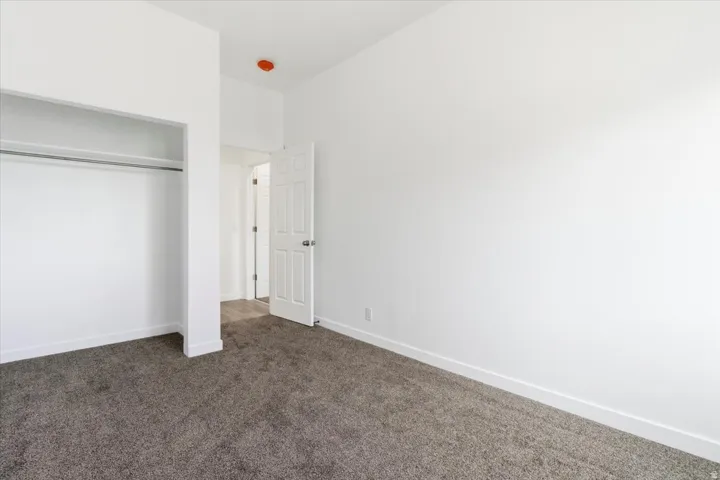 Carpeted room featuring a built-in closet with hanging rod, white walls, and white trim
