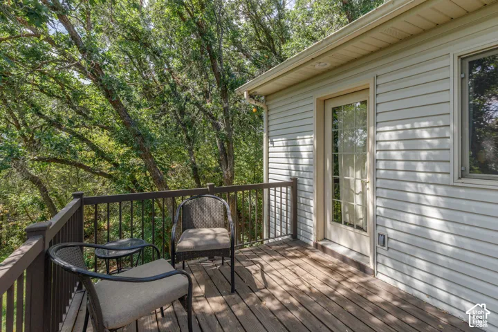 Expansive outdoor deck with wood-finish flooring and dark railings