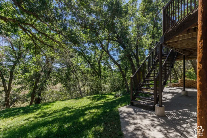 Expansive outdoor area featuring mature trees, a multi-level deck with wooden stairs, and a concrete patio