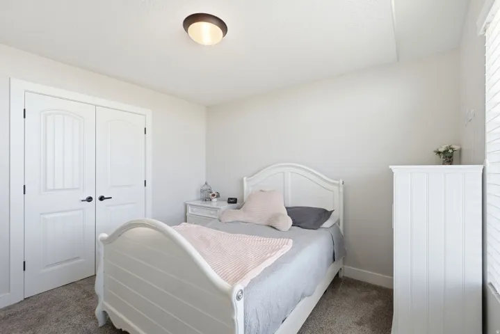 Double arched panel doors with matte black hardware, textured carpeting, and a flush-mount ceiling light fixture