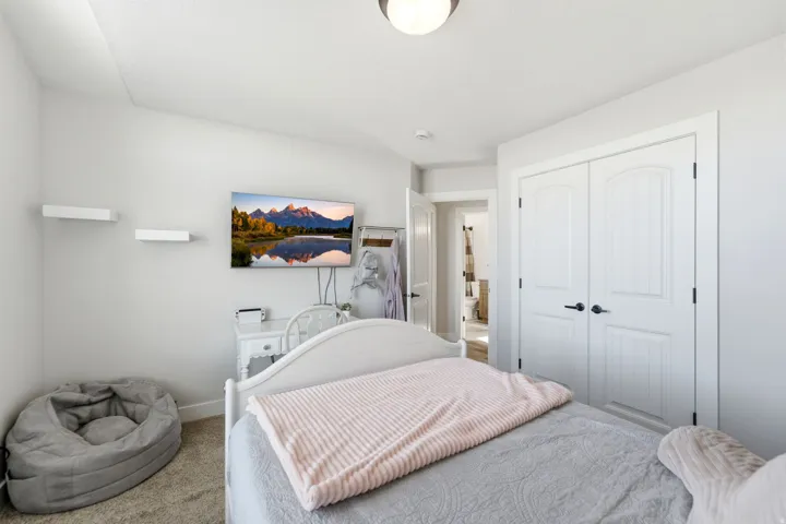 White walls with built-in floating shelves, soft carpeting, and a flush-mount ceiling light