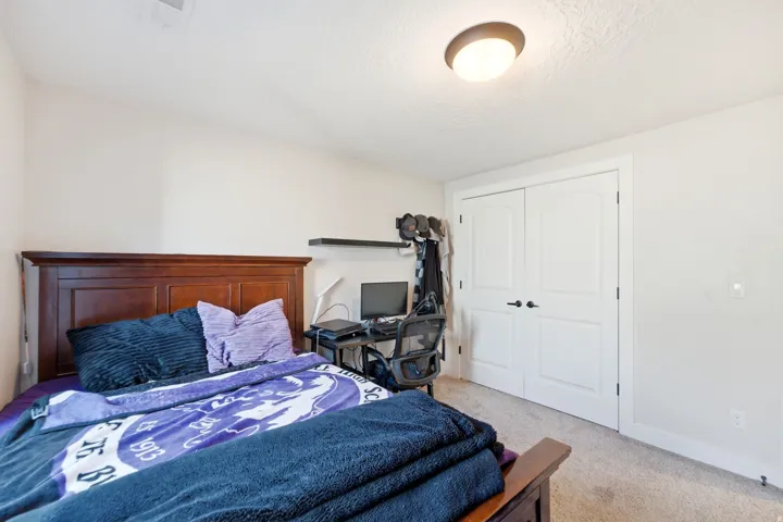 Recessed lighting, light-toned carpeting, white walls, and a ceiling-mounted light fixture