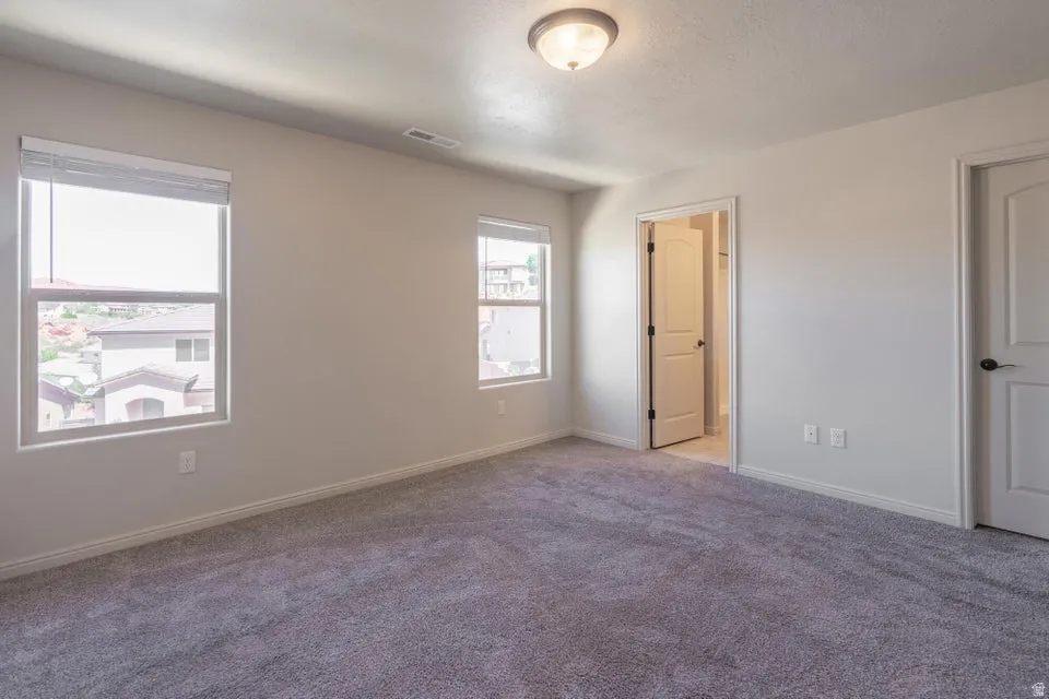Spacious room featuring neutral-toned walls, plush carpet flooring, two windows with blinds, and white panel doors