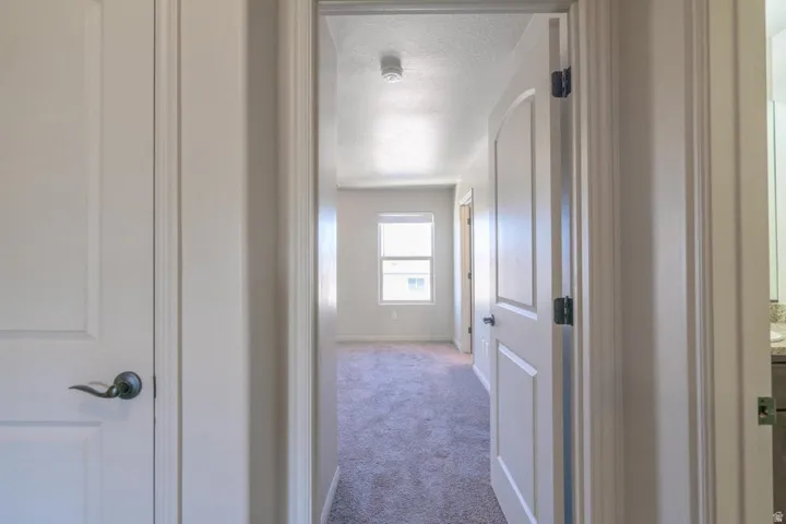 Hallway featuring neutral carpet, white walls, and a window providing natural light