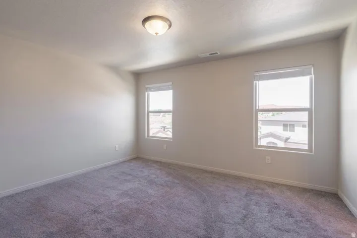 Neutral tone wall paint, textured carpeting, two windows with roller shades, and a flush mount ceiling light fixture