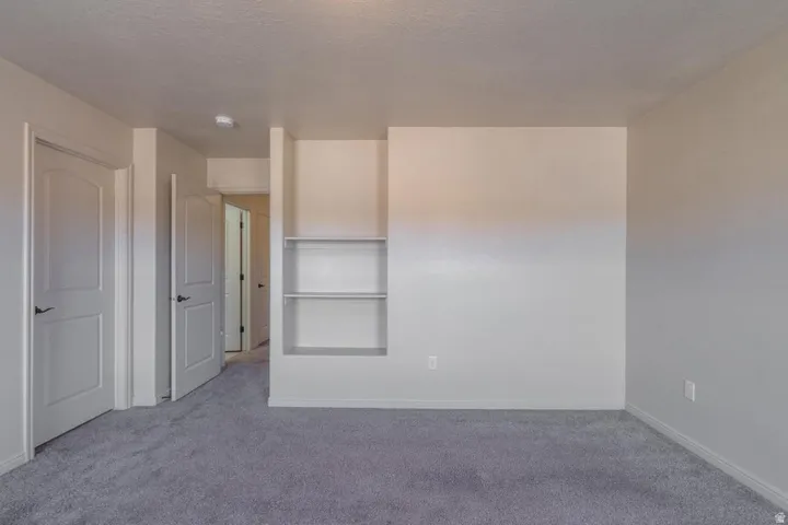 Plush gray carpeting throughout, featuring two-panel interior doors with black hardware, and an integrated wall niche with shelving