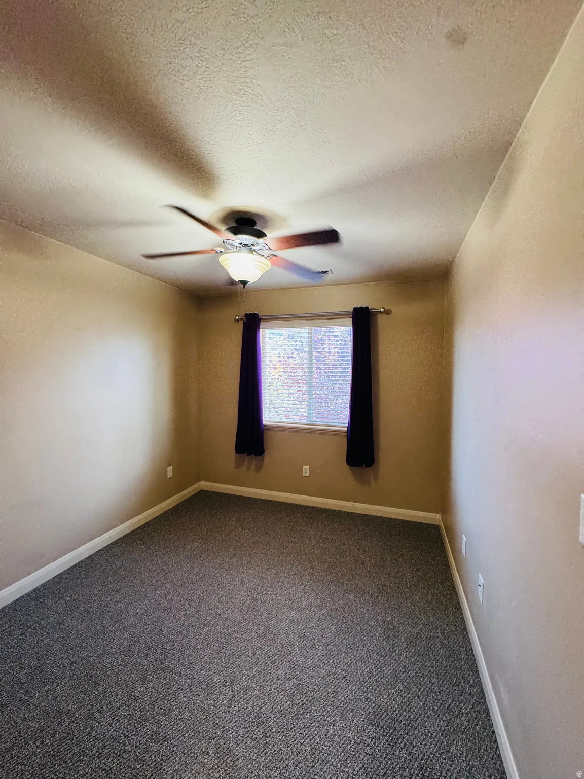Room featuring neutral wall tones, textured ceiling, a ceiling fan with light fixture, window with blinds, and gray speckled carpeting