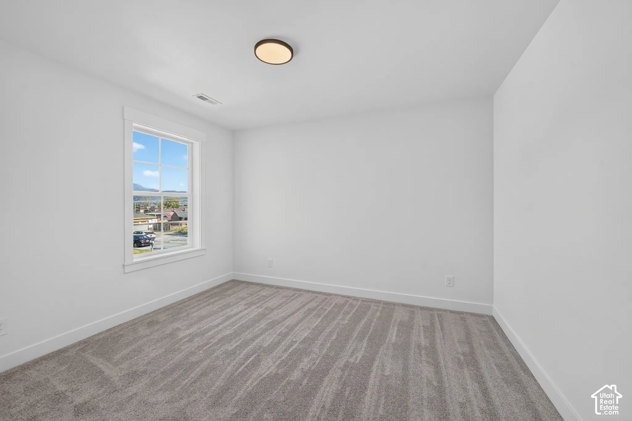 Spacious room featuring neutral carpeting, white walls, a white-trimmed window, a flush-mount ceiling light, and white baseboards