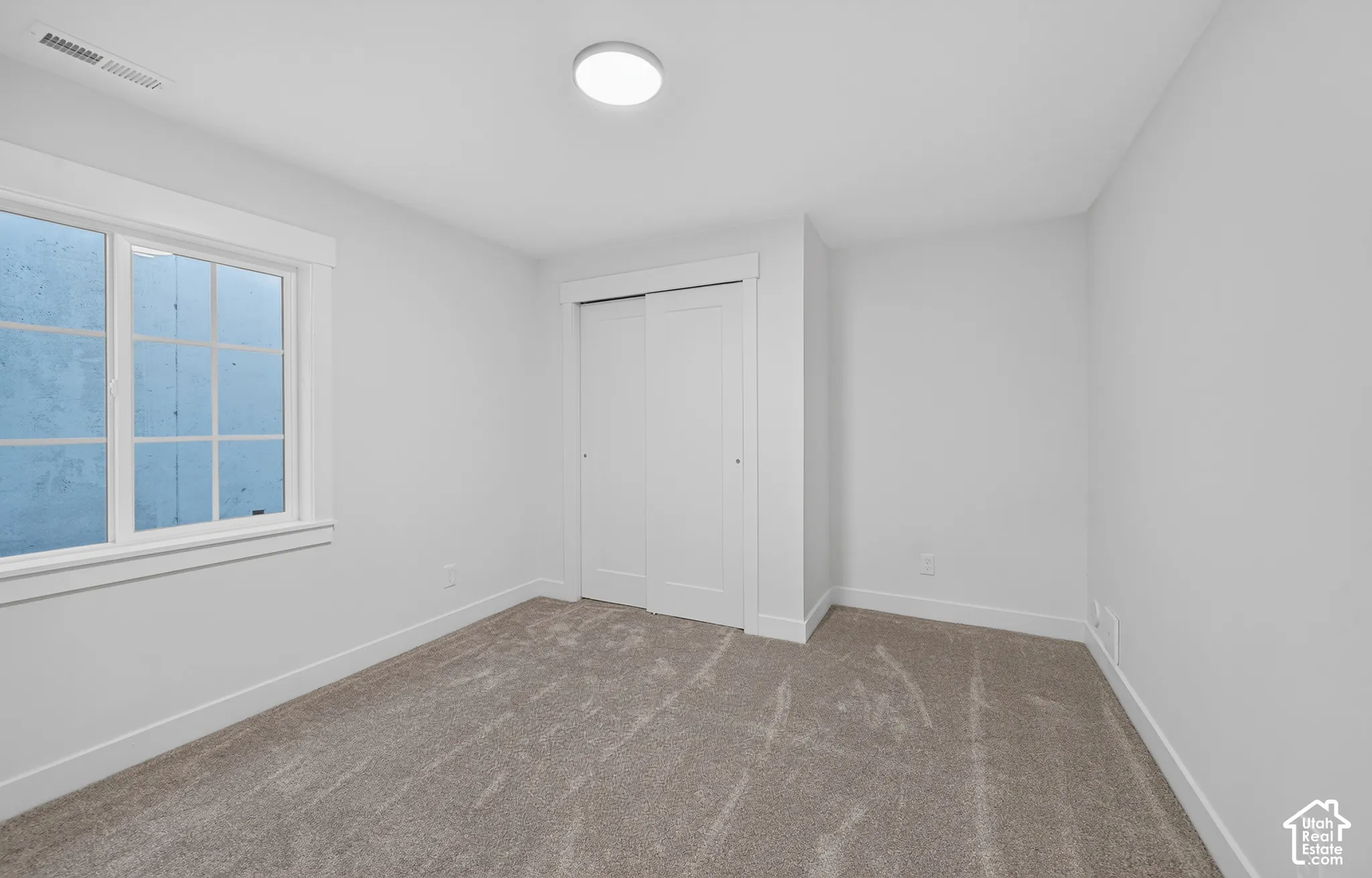 Carpeted interior room featuring a double-pane window, white trim, sliding closet doors, and a ceiling-mounted light fixture