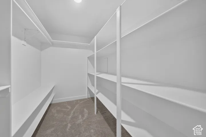 Custom-designed closet system featuring white shelving and hanging rods